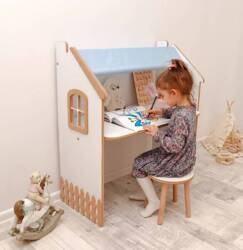 Modrý károvaný písací stôl-bazár